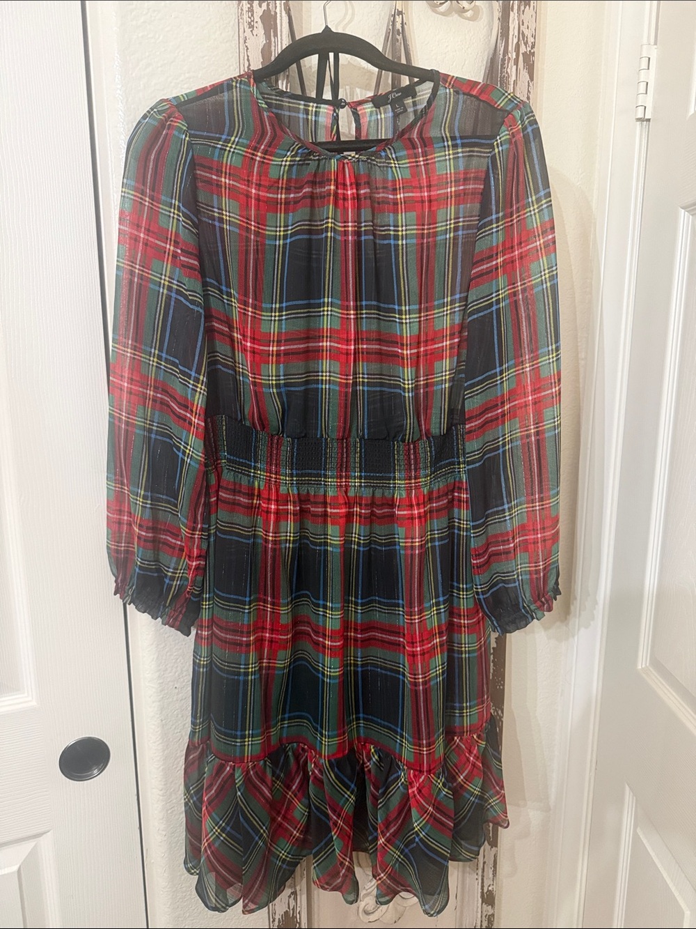 J. Crew Red and Black Plaid Smocked-Waist Long-Sleeve Dress